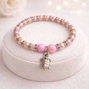 Pink Bracelet w/ Silver Turtle Charm – Beaded Stretch